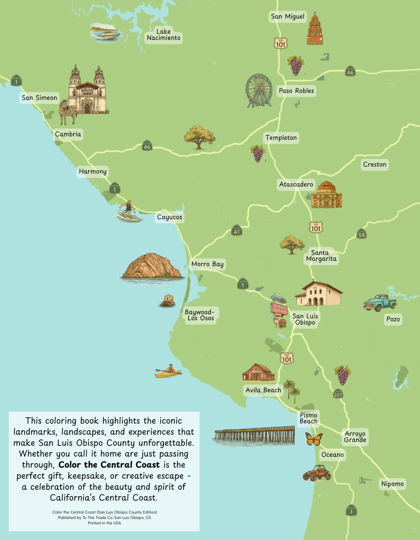 Map of San Luis Obispo County with icons and text, featuring landmarks and scenic attractions.