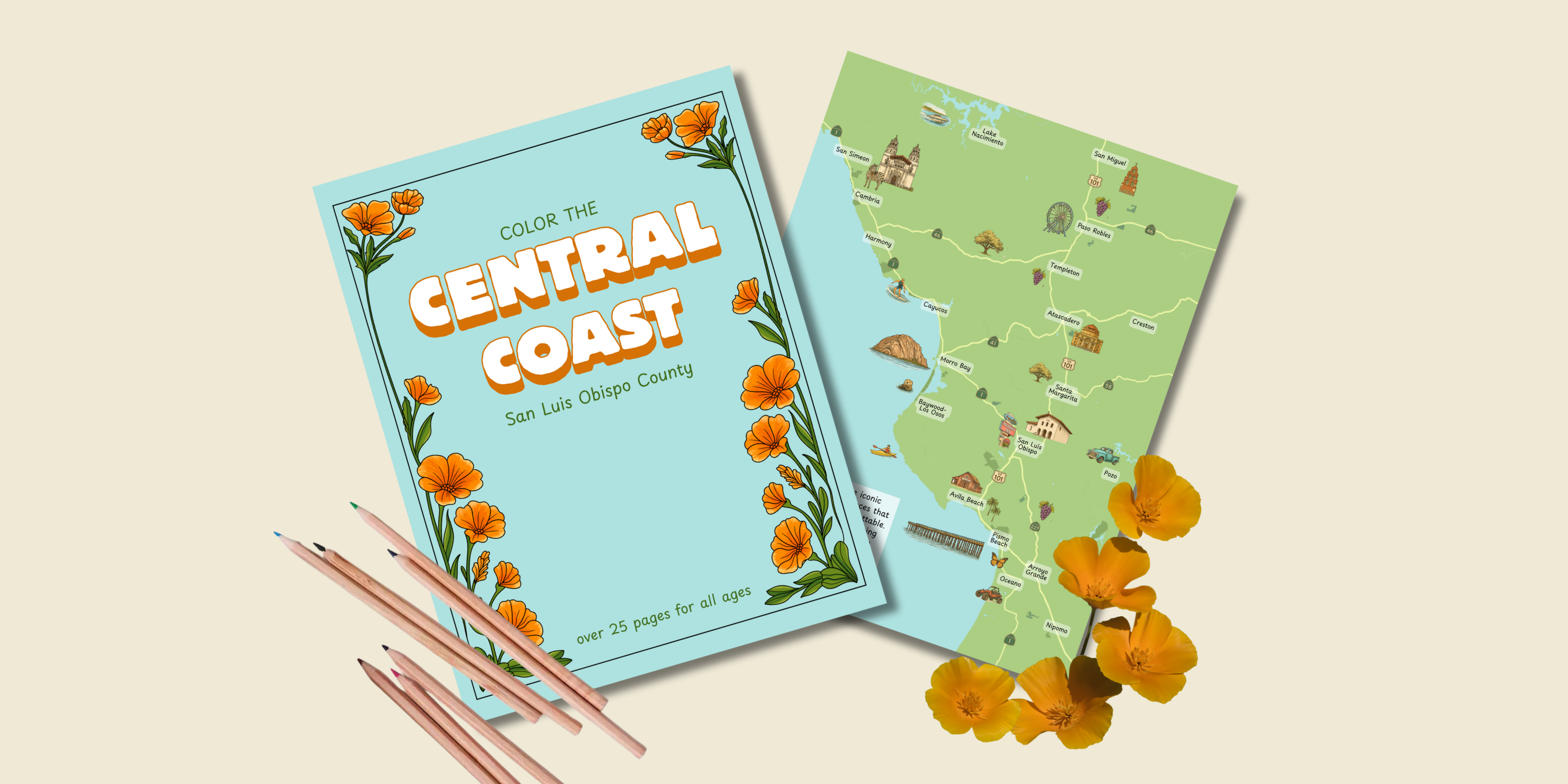 Coloring book titled Color the Central Coast with colored pencils and poppy flowers.
